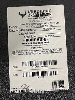 AR500 Armor level III+, Shooters Cut 10x12 Front & back plates, unused