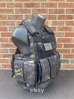 Black Multicam Tactical Vest Plate Carrier With 2 10x12 Curved Lvl 4 Plates/ Sides