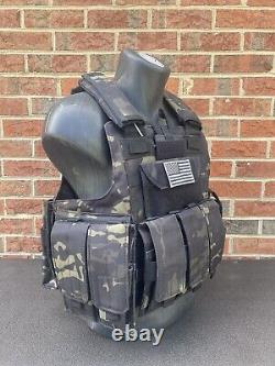 Black Multicam Tactical Vest Plate Carrier With (2) 10x12 Curved/ Side Plates