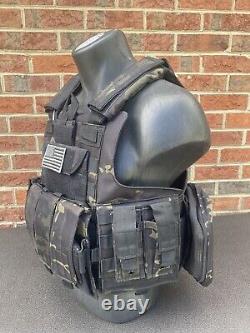 Black Multicam Tactical Vest Plate Carrier With Plates- 2 8x10 curved Plates