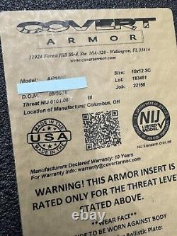 Covert armor AR1000 Level III Armor Plate Set Shooter NOS