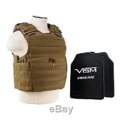 NcStar TAN Expert Plate Carrier & 2 11X14 Shooters Cut UHMWPE Ballistic Plates