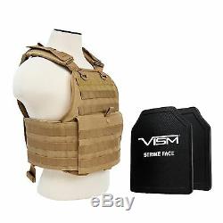 NcStar TAN Plate Carrier & 2 10X12 Shooters Cut Soft UHMWPE Ballistic Plates