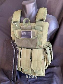 OD Tactical Vest GREEN Plate Carrier With 2 10x12 Curved PLATES- IN STOCK