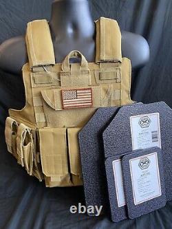 Tactical Vest COYOTE FDE Tan Plate Carrier With 2 10x12 Curved W Sides, Soft Armor